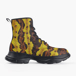 Casual Leather Chunky Boots Yellow and Brown Snake Skin Print