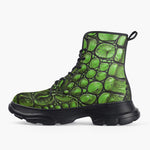 Casual Leather Chunky Boots Green Crocodile Skin Print