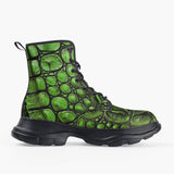 Casual Leather Chunky Boots Green Crocodile Skin Print