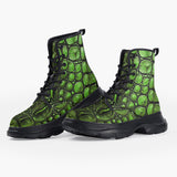 Casual Leather Chunky Boots Green Crocodile Skin Print