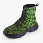 Casual Leather Chunky Boots Green Crocodile Skin Print