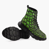 Casual Leather Chunky Boots Green Crocodile Skin Print