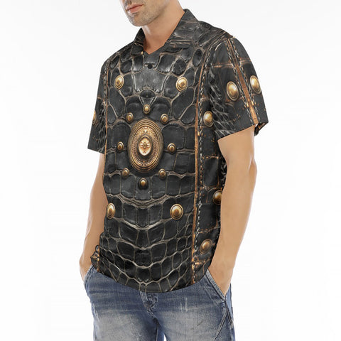Men's Polo Shirt Crocodile Leather with Metal Decoration