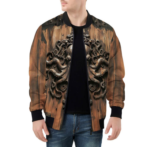 Bomber Jacket Wooden Texture Octopus Emblem