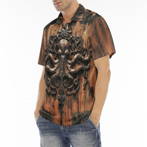 Men's Polo Shirt Wooden Texture Octopus Emblem