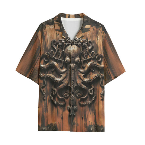 Hawaiian Shirt Wooden Texture Octopus Emblem