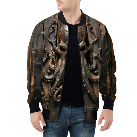 Bomber Jacket Wooden Texture Octopus Emblem