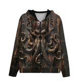 Men's Zip Up Hoodie Wooden Texture Octopus Emblem