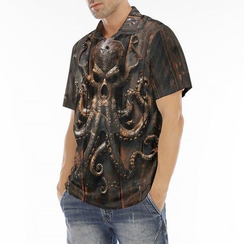 Men's Polo Shirt Wooden Texture Octopus Emblem