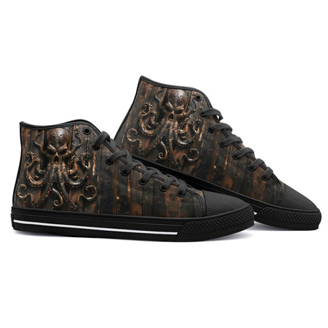 High-Top Canvas Shoes Wooden Texture Octopus Emblem