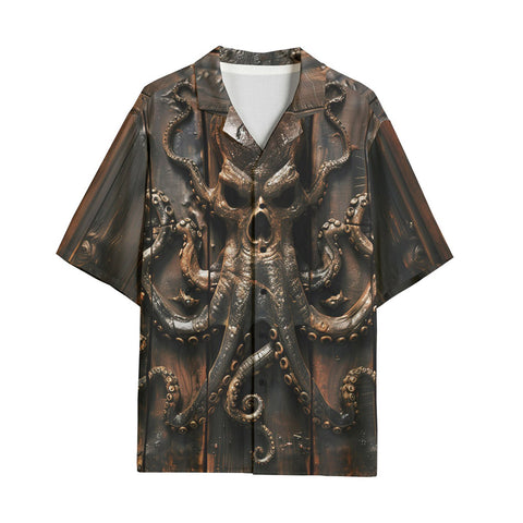 Hawaiian Shirt Wooden Texture Octopus Emblem