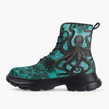 Casual Leather Chunky Boots Turquoise Octopus Tentacles