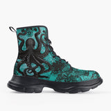 Casual Leather Chunky Boots Turquoise Octopus Tentacles