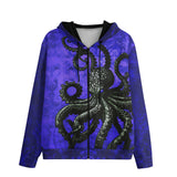 Men's Zip Up Hoodie Black Octopus on Blue