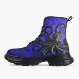 Casual Leather Chunky Boots Black Octopus on Blue