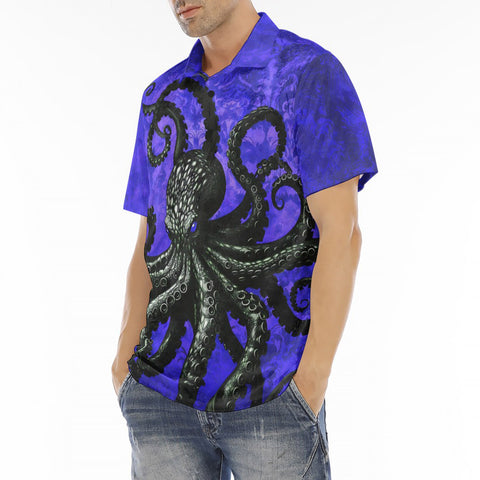 Men's Polo Shirt Black Octopus on Blue