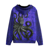 Men's Zip Up Hoodie Black Octopus on Blue