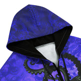 Men's Zip Up Hoodie Black Octopus on Blue