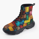 Casual Leather Chunky Boots Abstract Colorful Blocks