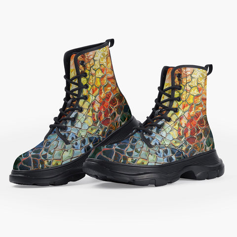 Casual Leather Chunky Boots Colorful Glass Mosaic