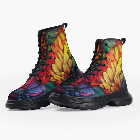 Casual Leather Chunky Boots Colorful Feathers