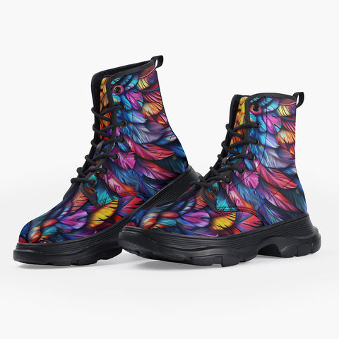 Casual Leather Chunky Boots Colorful Feather Fantasy Art