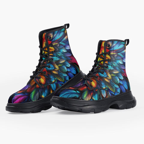 Casual Leather Chunky Boots Colorful Wings Vibrant Feathers