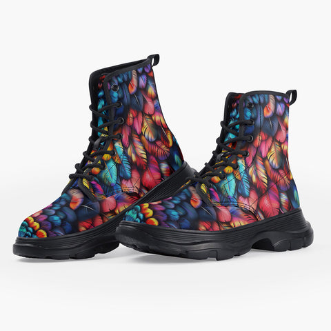 Casual Leather Chunky Boots Vibrant and Colorful Feathers
