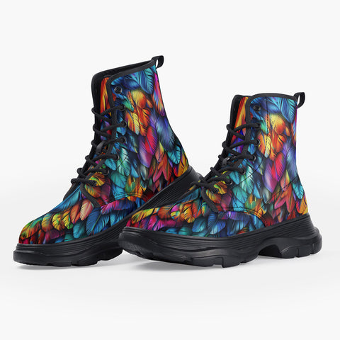 Casual Leather Chunky Boots Rainbow Feathers Vibrant Colors
