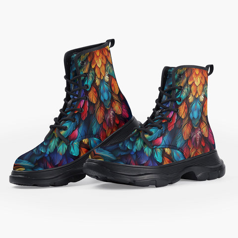 Casual Leather Chunky Boots Colorful Vibrant Feathers