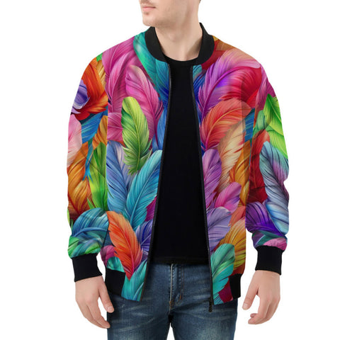 Bomber Jacket Vibrant Pattern of Colorful Feathers