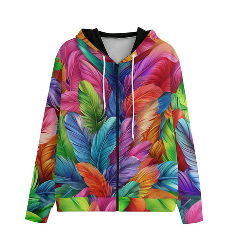Men's Zip Up Hoodie Vibrant Pattern of Colorful Feathers