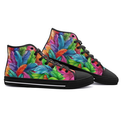 High-Top Canvas Shoes Vibrant Pattern of Colorful Feathers