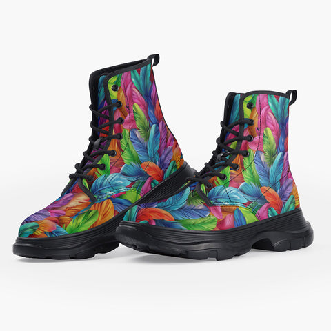Casual Leather Chunky Boots Vibrant Pattern of Colorful Feathers
