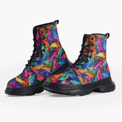 Casual Leather Chunky Boots Colorful Feathers Abstraction