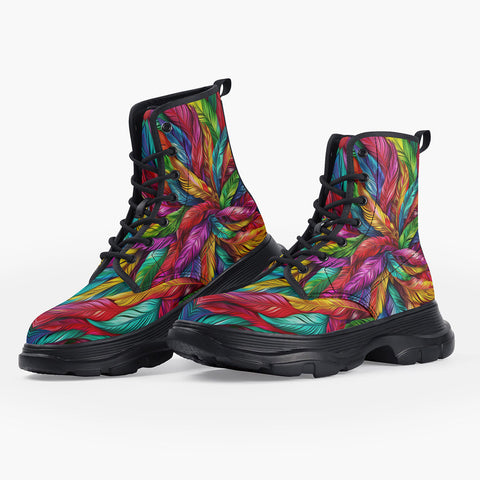 Casual Leather Chunky Boots Colorful Feathers Pattern