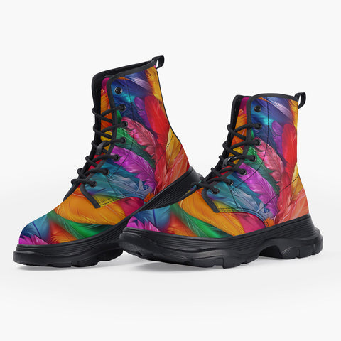 Casual Leather Chunky Boots Colorful Feathers Art