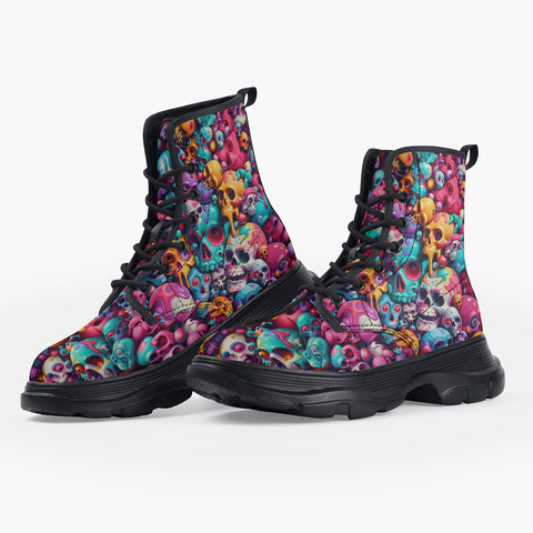 Casual Leather Chunky Boots Colorful Cartoon Skulls