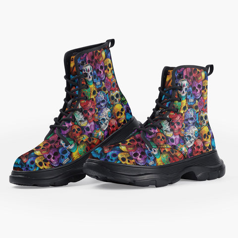 Casual Leather Chunky Boots Vibrant and Colorful Skulls