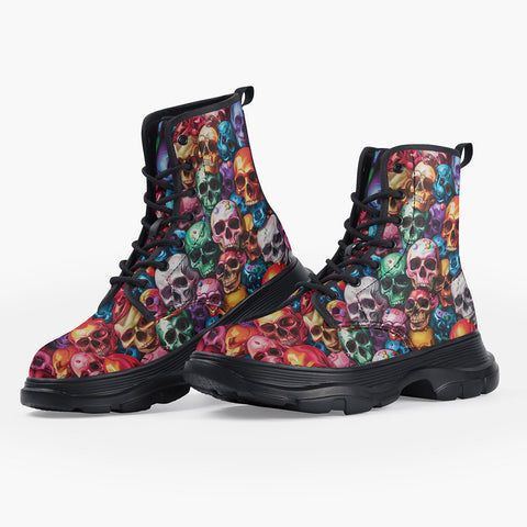 Casual Leather Chunky Boots Multicolored Skulls Array