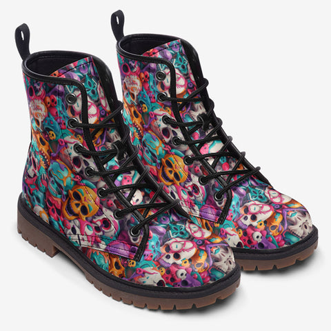 Leather Boots Colorful Skulls Pattern