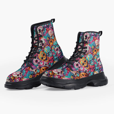 Casual Leather Chunky Boots Colorful Skulls Pattern