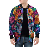 Bomber Jacket Skull Surrounded by Colorful Flowers
