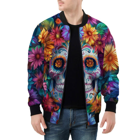Bomber Jacket Skull Surrounded by Colorful Flowers