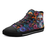 High-Top Canvas Shoes Skull Surrounded by Colorful Flowers