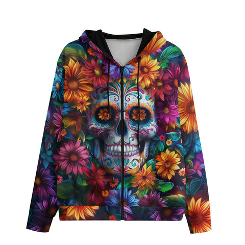 Men's Zip Up Hoodie Skull Surrounded by Colorful Flowers