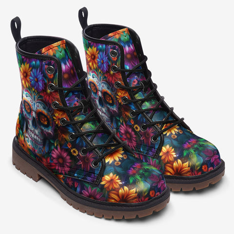 Leather Boots Skull Surrounded by Colorful Flowers