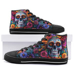High-Top Canvas Shoes Skull Surrounded by Colorful Flowers