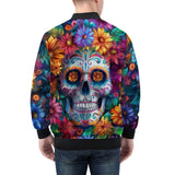 Bomber Jacket Skull Surrounded by Colorful Flowers