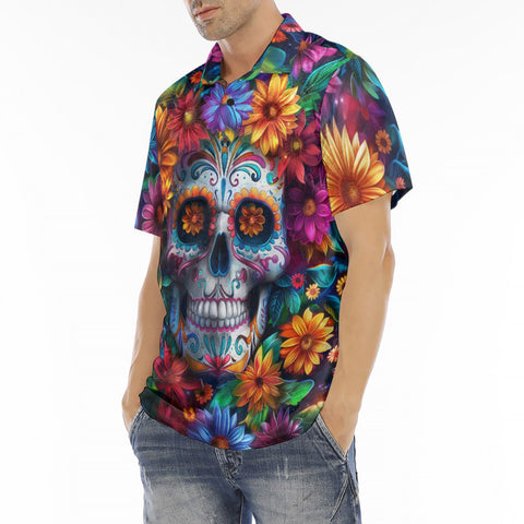 Men's Polo Shirt Skull Surrounded by Colorful Flowers